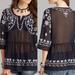 Free People Tops | Free People Women's Black Sheer White Embroidered Peasant Blouse Shirt Size L | Color: Black/Red/White | Size: L