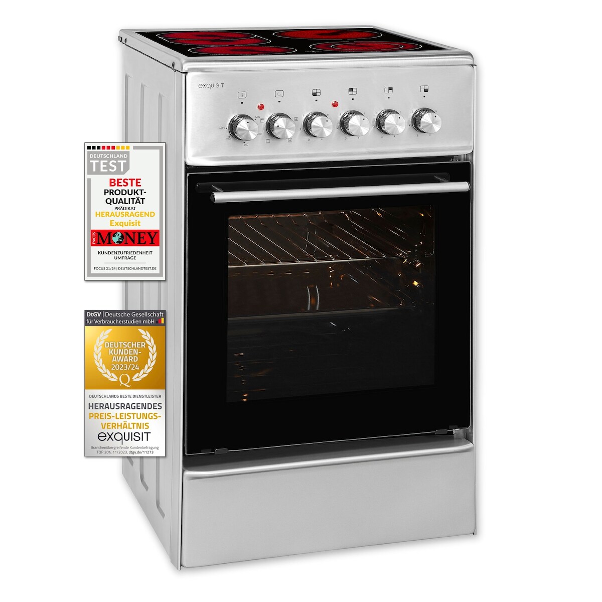 Exquisit Elektro-Standherd ECM 5-4.1 Inox | EEK: A | 46,6 l Garraum | Glaskeramik Kochfeld | Umluft Image