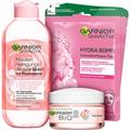 GARNIER Gesichtspflege Reinigung Geschenkset Mizellen Reinigungswasser All-in-1 400 ml + Rosy Glow Creme 50 ml + Hydra Bomb Tuchmaske x 5