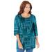 Plus Size Women's Easy Fit 3/4-Sleeve Scoopneck Tee by Catherines in Deep Teal Textured Plaid (Size 3X)