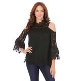 Plus Size Women's Lace Cold-Shoulder Top by Roaman's in Black (Size 34 W) Mock Neck 3/4 Sleeve Blouse