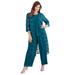Plus Size Women's Three-Piece Lace Duster & Pant Suit by Roaman's in Deep Teal (Size 14 W) Duster, Tank, Formal Evening Wide Leg Trousers