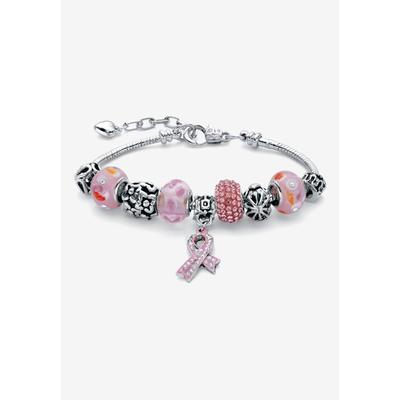 Women's Silver Tone Breast Cancer Charm Bracelet (7Mm), 8" Plus 2" Extension Jewelry by PalmBeach Jewelry in Pink