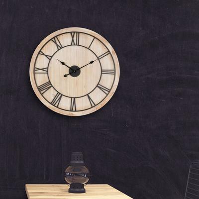Große Wanduhr mit Römischen Ziffern, ø 76 cm, aus MDF-Holz und Metall, Pinienoptik, Design Uhr im