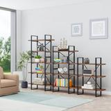 17 Stories Lotus Jd Walnut & Metal Etagere Bookcase-106.5"W*71"H in Black/Brown/Yellow | 71.06 H x 106.3 W x 12.52 D in | Wayfair