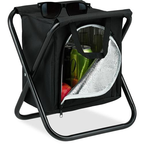 Relaxdays Campinghocker mit Kühltasche, faltbar & tragbar, 100kg, Klapphocker f. unterwegs, HBT 34