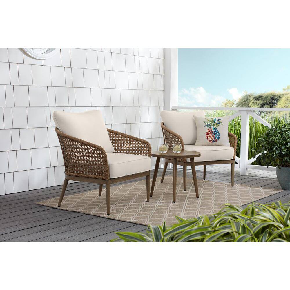 Hampton Bay Coral Vista 3-Piece Brown Wicker Outdoor Patio Bistro Set with CushionGuard Almond Tan Cushions