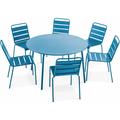 Ensemble table de jardin ronde et 6 chaises en métal bleu pacific - Palavas - Bleu Pacific