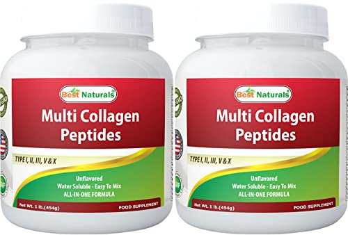 Best Naturals Multiple Collagen Peptides Protein Type I, II III, V & X Collagen unflavored 1 Pound - Grass Fed & Pasture Raised - Water Soluble - Easy to Mix (1 LB (Pack of 2))