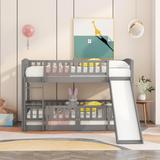 Twin Over Twin Solid Pine Wood Bunk Bed with Detachable Fence and Slide