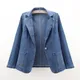 Veste en jean imbibée pour femme manches longues bouton unique blazer vintage grande taille