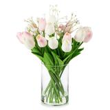 Enova Home 18 Mixed Artificial Real Touch Tulip Flower Arrangement in Clear Glass Vase with Faux Water for Home Decoration