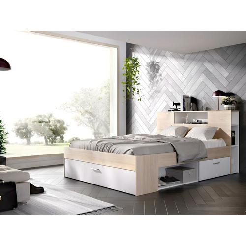 Bett mit Stauraum & Schubladen – 160 x 200 cm – Weiß & Naturfarben – leandre – Naturfarben hell,