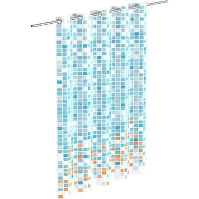 Textil Duschvorhang Motiv mosaik blau/orange (180x200 cm), waschbarer Antischimmel Vorhang,