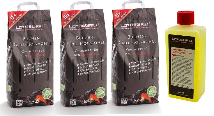 LotusGrill Buchenholzkohle 3X 2,5 kg Sack inkl. LotusGrill Brennpaste 500 ml, beides entwickelt für raucharmes Grillen mit dem LotusGrill Image