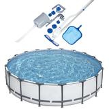 Bestway Round Steel Frame Above Ground Pool w/ Cleaning Accessories, 18 x 4 Feet