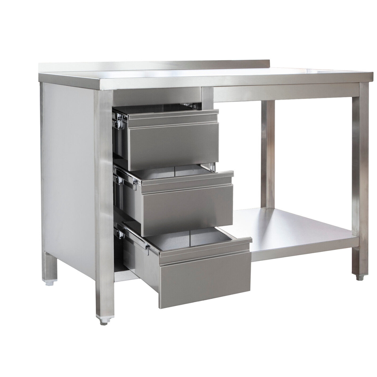 Gastro Arbeitstisch mit Grundboden & Schubladenblock mit Aufkantung Chromstahl (BxT) 2400 x 800 mm Image