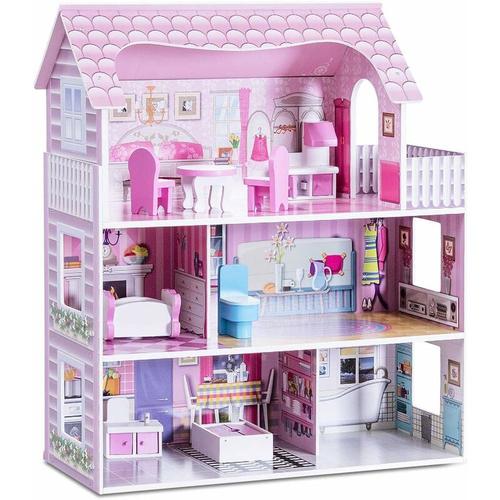 Puppenhaus mit Moebeln und Zubehoer, Puppenstube mit 3 Spielebenen mit Accessoires, Haus für Puppen