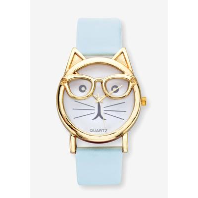 Women's Gold Tone Bowtie Cat Watch with Adjustable Light Blue Strap, 8" by PalmBeach Jewelry in Crystal