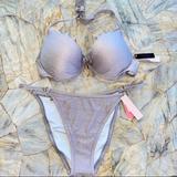 Victoria's Secret Swim | 2 Pc Set Victoria Secret Malibu Shimmer Fabulous Push-Up Swim Top And Bottoms Xl | Color: Gray/Silver | Size: 36c