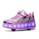 Super kids Girls Boys LED Light up Shoes with Wheels Kids Roller Skates Double Wheel Inline Skates USB Charging Flashing Luminous Trainers Outdoor Gymnastics Skateboarding Shoes, 5 UK, Pink Q8