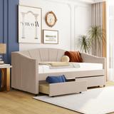 Upholstered daybed Twin Size with 2 Drawers & Wood Slat Support Beige