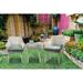 All-Weather Patio Bistro Set (3Pc) in Green Fabric & Beige Wicker, 2 Arm Chairs & Side Table, Aluminum Powder Coated