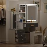 Latitude Run® Vinush Vanity Set w/ Stool & Mirror Wood in Brown/White | 52.4 H x 35.4 W x 15.7 D in | Wayfair 855ECB6A488041978D02B5BBA830FE12