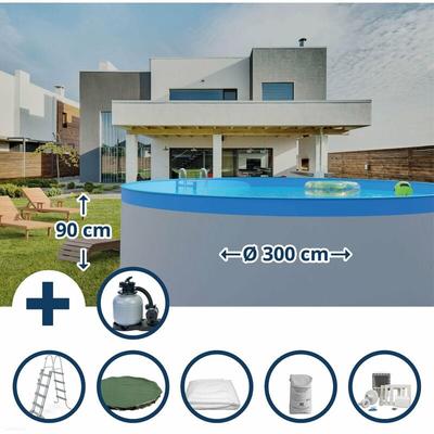 Stahlwandpool Set (7-teilig) hoch rund 300 x 90 cm, Stahl 0,3 mm weiß Folie 0,2 mm blau Image