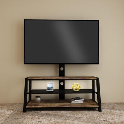 Wooden Storage Tv Stand With Black Tempered Glass Height Adjustable