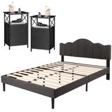 3-Pieces Bedroom Set with Dark Grey Height Adjustable Upholstered Bed and Nightstands Set of 2