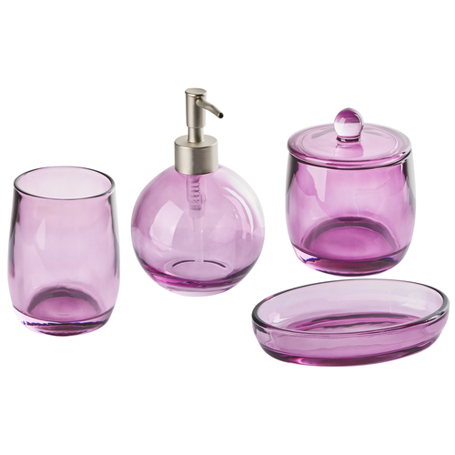 4-teiliges Badezimmer-Set Glas Violett Seifenspender Seifenschale Zahnbürstenhalter Becher Eleganter Moderner Stil Badzubehör für WC Toilette