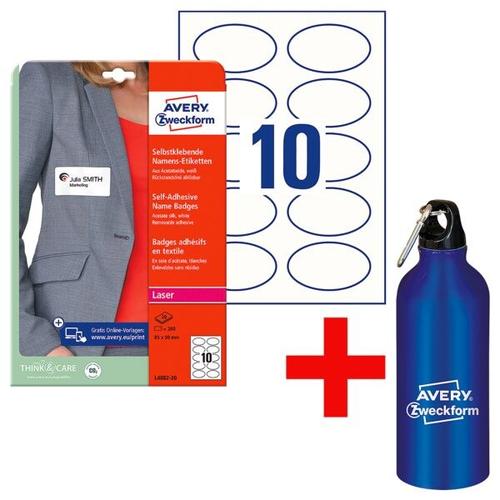 Selbstklebende Textilschild-Namensschilder oval 85×50 mm weiß (L4882-20) inkl. I weiß, Avery Zweckform, 8.5×5 cm