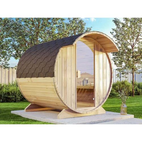 Fass-Sauna Tom, Premium-Thermoholz, inkl. Elektro-Ofen (6 kW) – Naturbelassen – Finntherm
