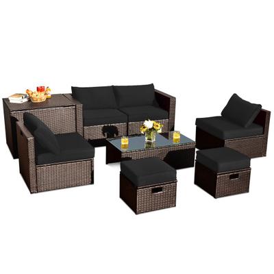 Costway 8 Pieces Patio Space-Saving Rattan Furniture Set with Storage Box and Waterproof Cover-Black
