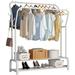 Rebrilliant Garment Rack Freestanding Hanger Double Rods Multi-Functional Bedroom Clothing Rack, Double Layer 4 Hooks Metal in White | Wayfair