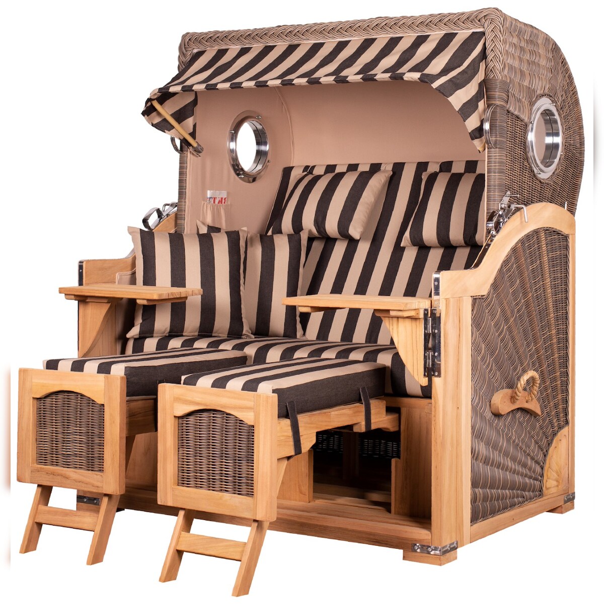 Mr. Deko Strandkorb - bene living - Ammersee Grande XL Teak Bullauge - PE grau - Modell 581 - 2,5-Sitzer inkl. Liftersystem Image