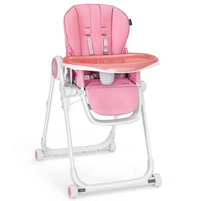 Costway Baby High Chair Foldable Feeding Chair with 4 Lockable Wheels-Pink