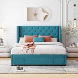 Queen Size Storage Bed Velvet Upholstered Platform Bed with Wingback Headboard and a Big Drawer