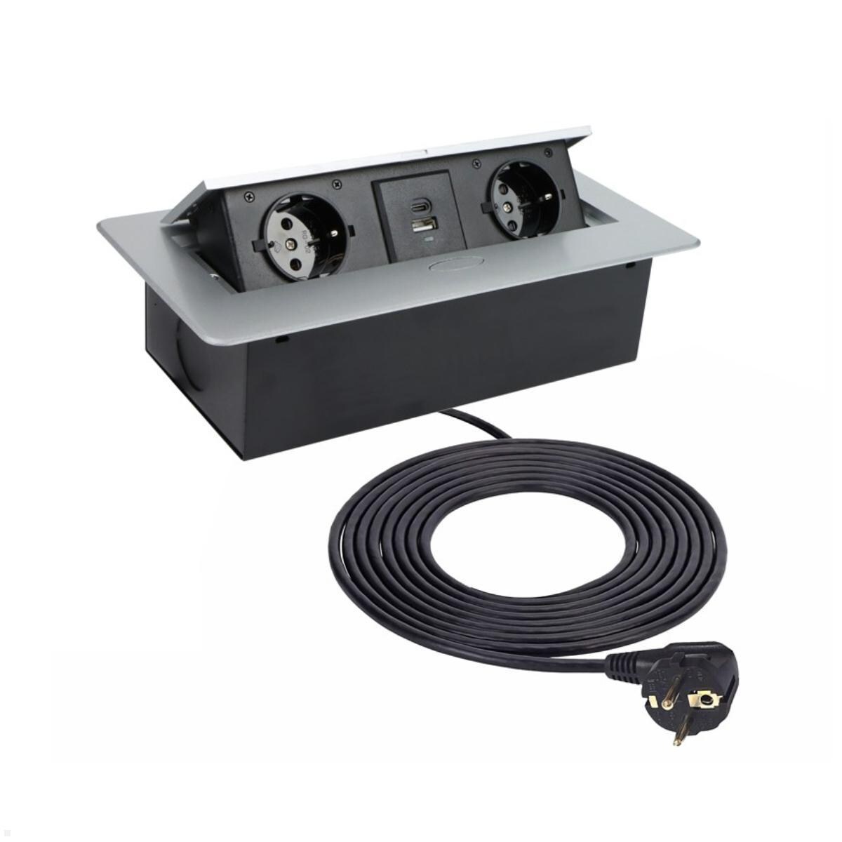 TecLines TES009S 2-fach Einbausteckdose mit USB A/C Charger, 3m Kabel, silber Image