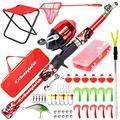 DaddyGoFish Kids Fishing Pole – Telescopic Rod & Reel Combo with Collapsible Chair, Rod Holder, Tackle Box, Bait Net and Carry Bag for Boys and Girls - Red, 4ft