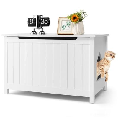 Costway Wooden Cat Litter Box Enclosure with Top Opening Side Table Furniture-White