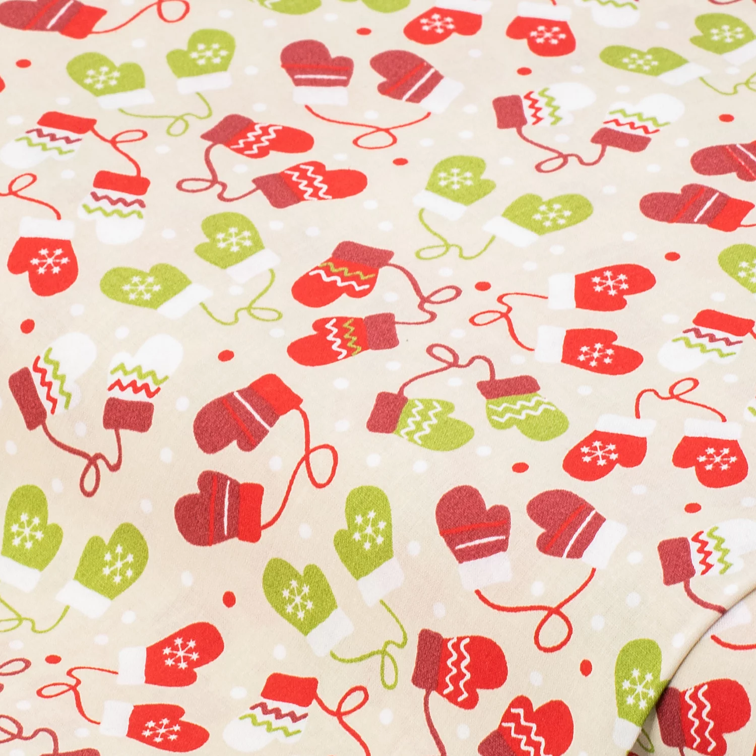 Tissu coton "moufles", nature/vert/rouge