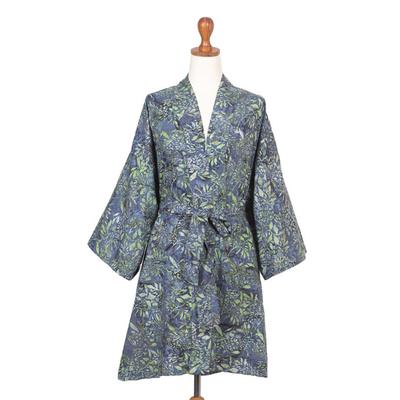 Forest Growth,'Hand-Stamped Batik Cotton Robe with Tie Belt'