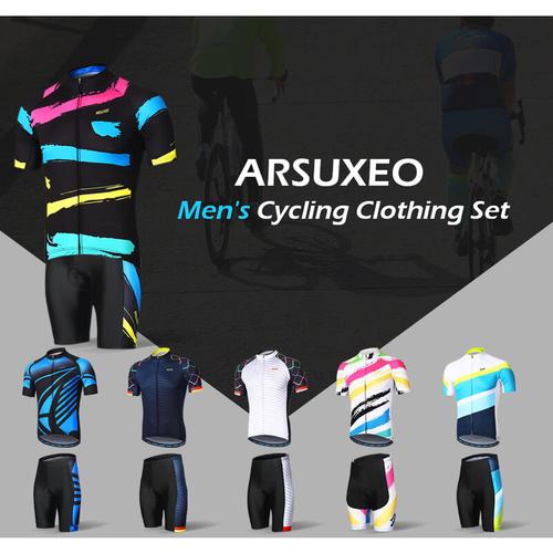ARSUXEO Herren Fahrradbekleidung Set Kurzarm Set Schnell trocknendes Shirt 3D Kissen Gepolsterte