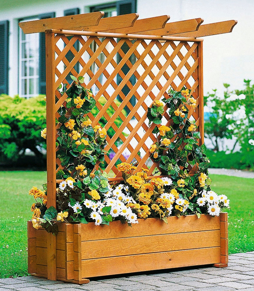 Spalier PROMADINO, braun (honigbraun), B:102cm H:140cm T:65cm, Holzwerkstoff, Rankhilfen, Pergola mit Pflanzkasten, BxTxH: 102x65x140 cm Image
