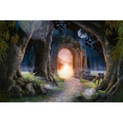 Fototapete PAPERMOON "MÄRCHEN-LANDSCHAFT-ARKADE BÄUME FANTASIE SONNE MOND", bunt, B:3,50m L:2,60m, Vlies, Tapeten