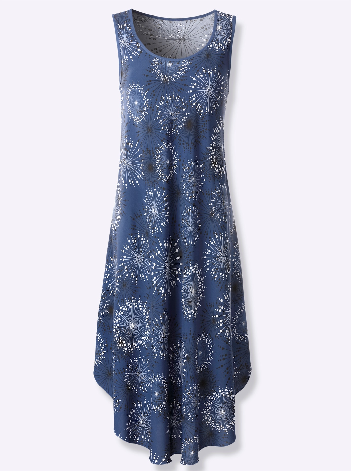 Druckkleid INSPIRATIONEN "Kleid", Damen, Gr. 20, Kurzgrößen, blau (rauchblau, graphit, bedruckt), 100% Viskose, bedruckt, gemustert, mehrfarbig, wadenlang, Rundhals, Kleider Image