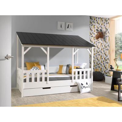 Kinderbett VIPACK "Hausbett, aus MDF und Massivholz, Dach schwarz oder weiß", schwarz-weiß (weiß, schwarz), B:105cm H:174cm L:214cm, Betten, wahlweise mit oder ohne Bettschublade auf Rollen