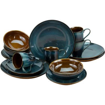 Kombiservice CREATABLE "Geschirr-Set Mallorca", blau (blau, braun), 16 tlg., Steinzeug, Geschirr-Sets, Service, Töpferei